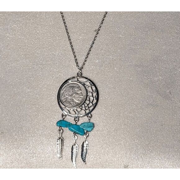 1929 Genuine Buffalo Nickel Faux Turquoise Stones Silver Tone Feather Pendant - Picture 4 of 4